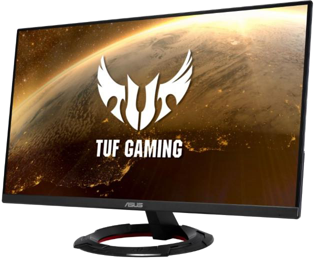 TUF Gaming monitor ívelt képernyővel, űrbéli jelenetet mutat.