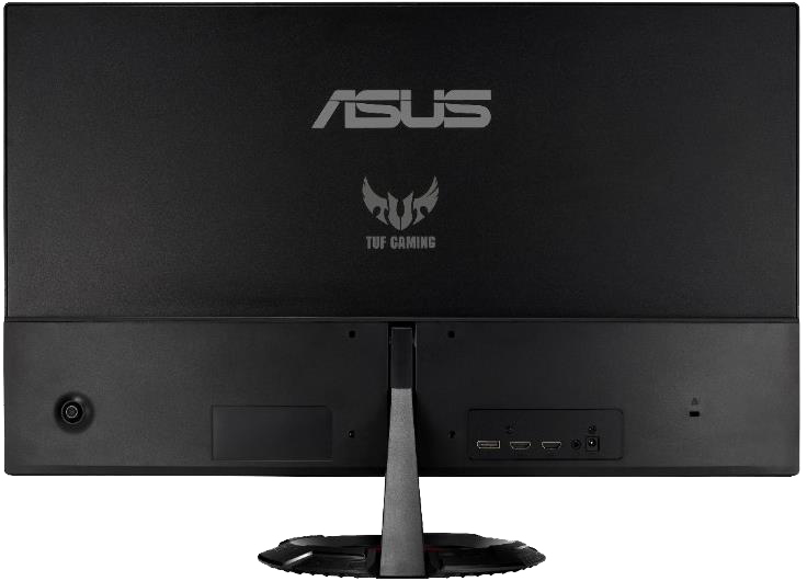 Egy fekete számítógép monitor hátulja, ASUS és TUF Gaming logókkal. Fekete háttér.