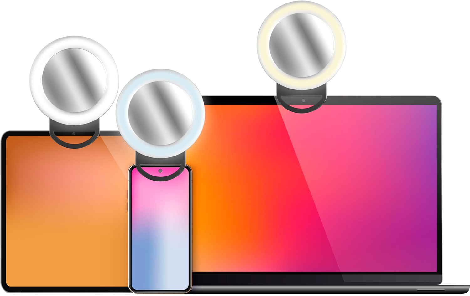 Trois anneaux lumineux fixés à une tablette, un téléphone et un ordinateur portable.
