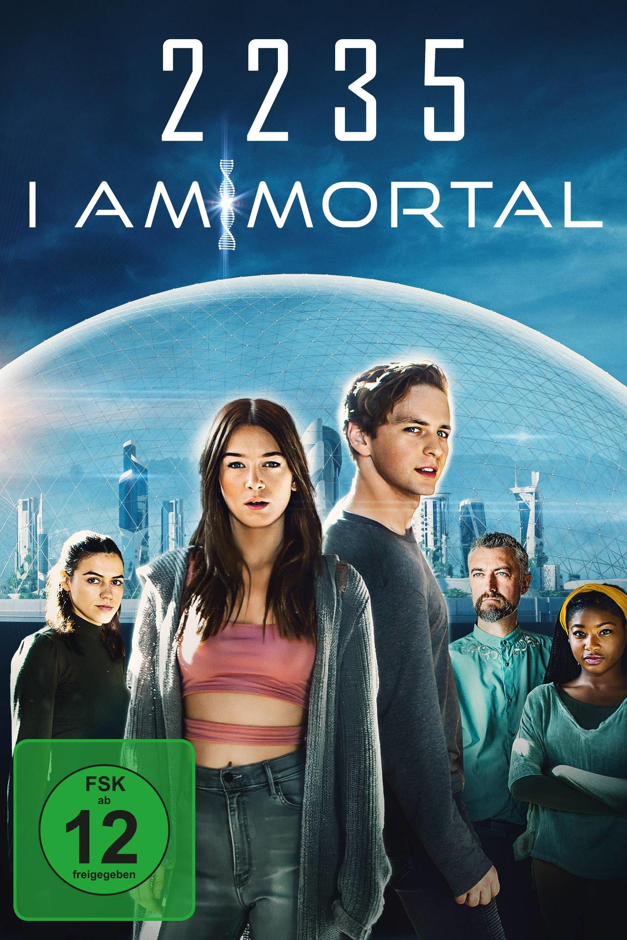 DVD-Cover von '2235 I Am Mortal'. Mehrere Personen auf dem Cover, mit futuristischem Stadt-Hintergrund.