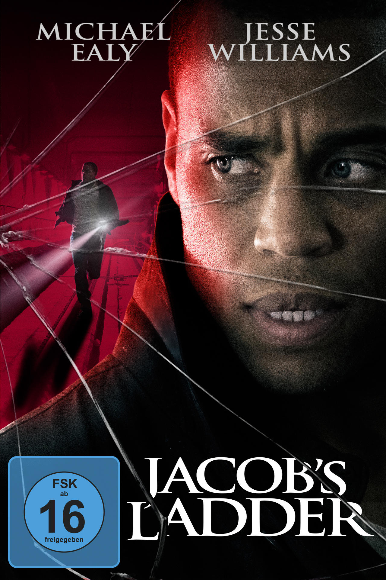 Filmplakat: Nahaufnahme eines Mannes, Titel 'Jacob's Ladder'. Im Hintergrund ein verschwommener Mann mit Taschenlampe.