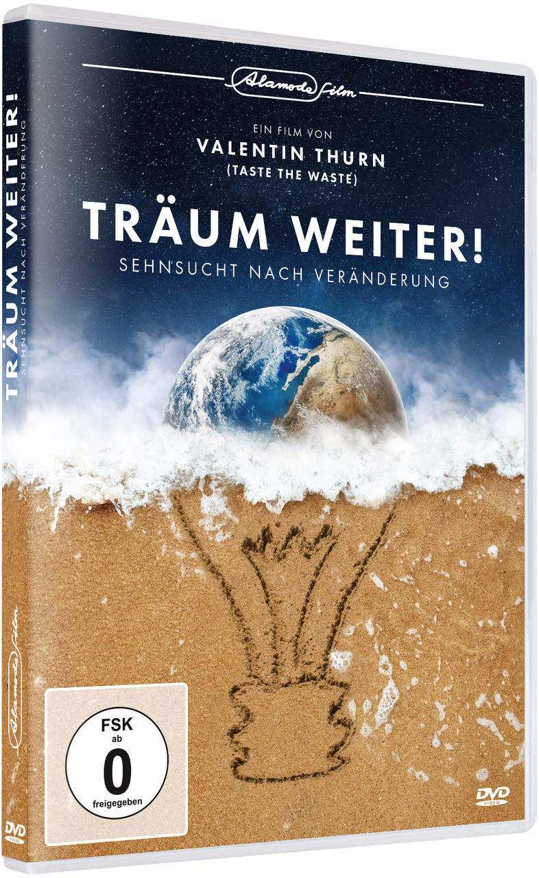 Eine DVD-Hülle mit einem Bild einer Sandzeichnung einer Glühbirne und einer Weltkugel mit Ozean und Himmel.