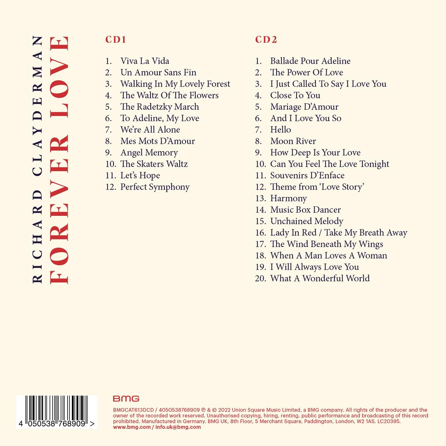 Pochette de CD avec listes de titres, titre de l'album et nom de l'artiste en rouge et blanc.