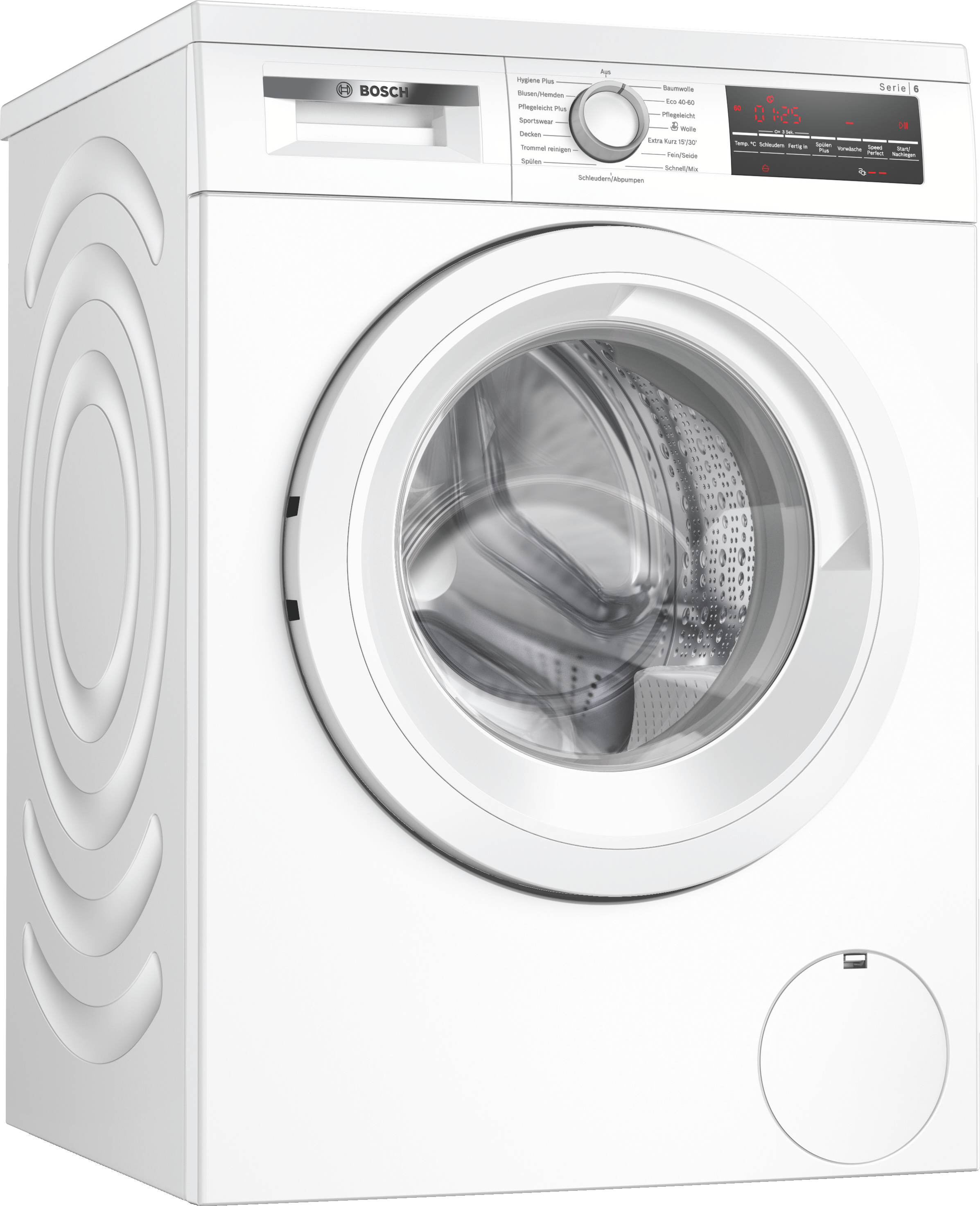 Eine weiße Bosch-Waschmaschine. Sie hat eine runde Tür und ein Bedienfeld mit Einstellungen und Display.