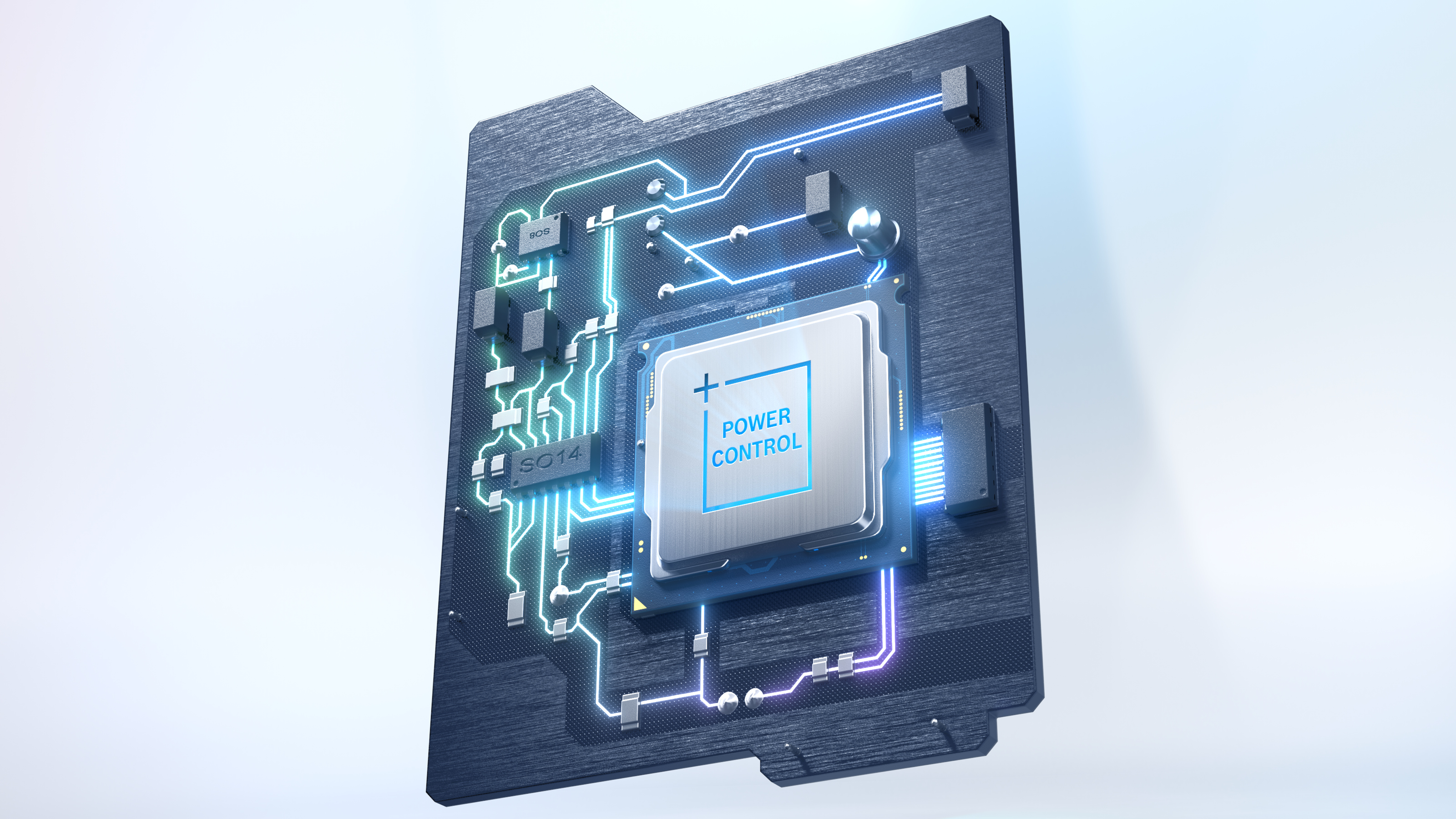 Eine Platine mit Prozessor, mit Text beschriftet, auf blauem Hintergrund.