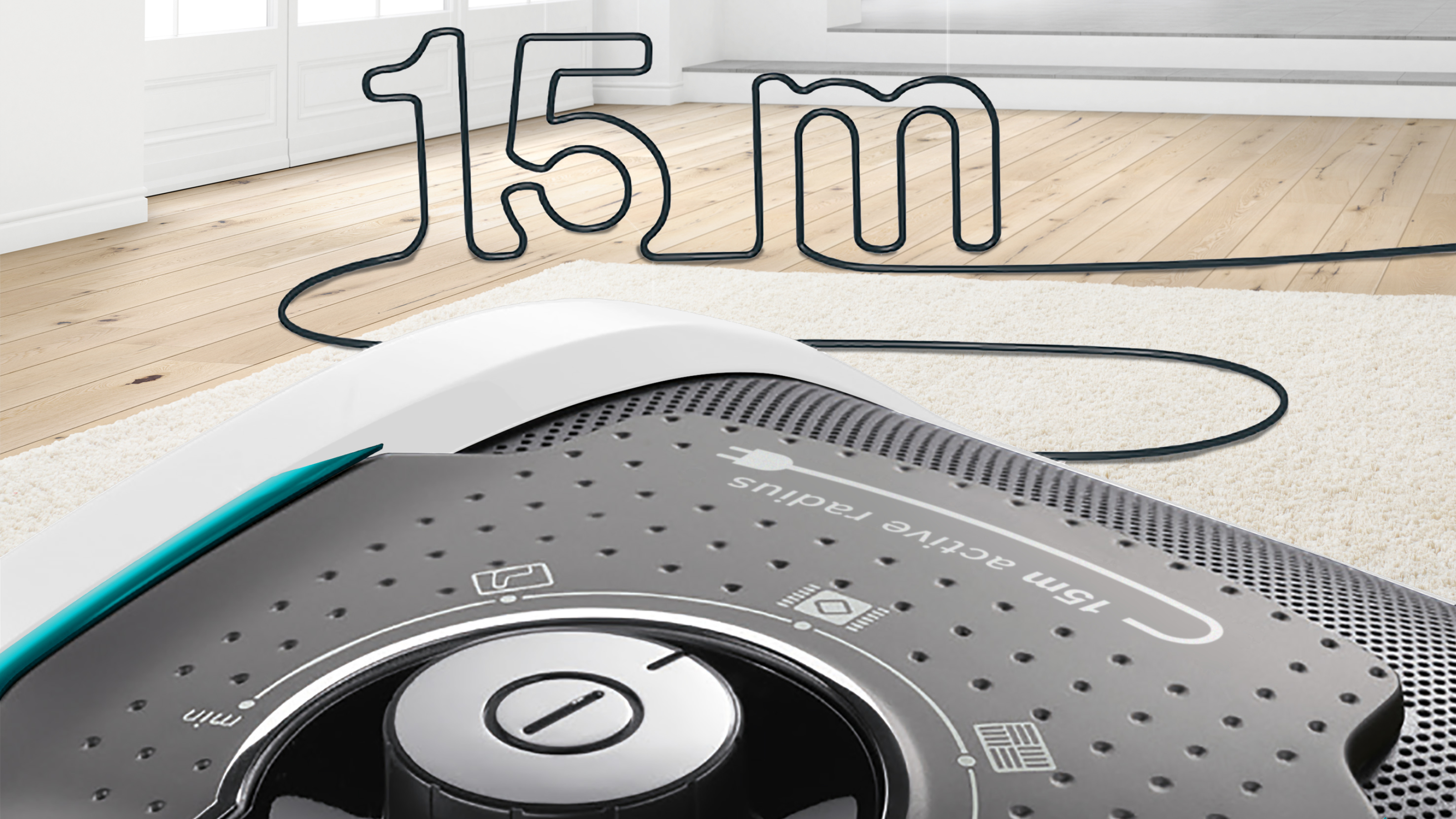 Ein Roboter-Staubsauger mit einem Kabel in Form von '15 m' auf einem Teppichboden.