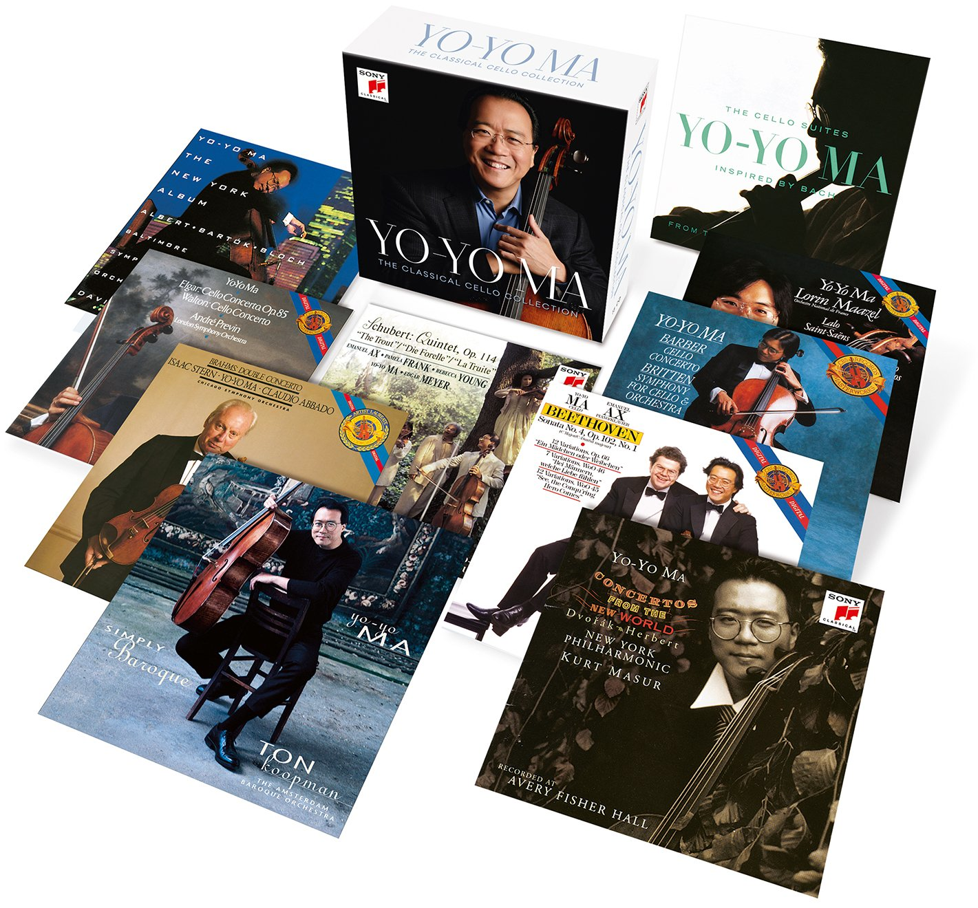 Yo-Yo Ma klasszikus csellókollekciójának album borítói. Különféle album borítók, többnyire Yo-Yo Ma-val.