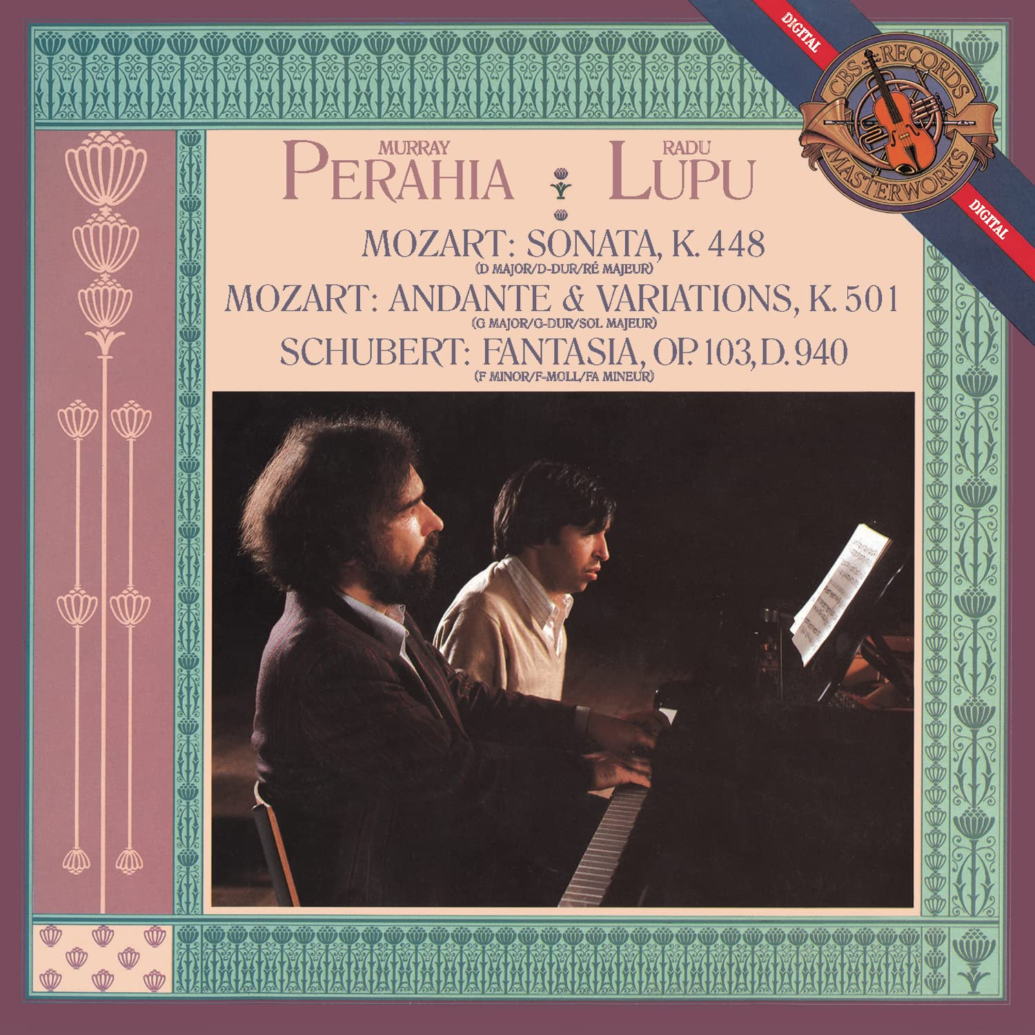 Album borító. Két férfi zongorázik. Szöveg: Mozart Sonata és Schubert Fantasia.