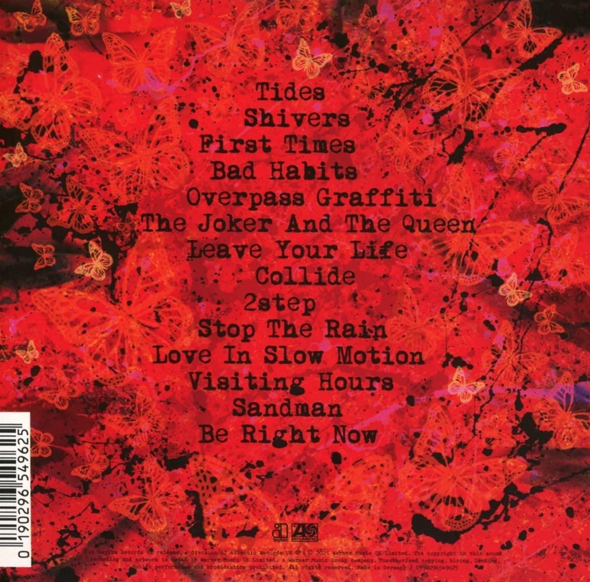 Albumcover mit rotem Hintergrund und Text, einschließlich Songtiteln und Schmetterlingsgrafiken.