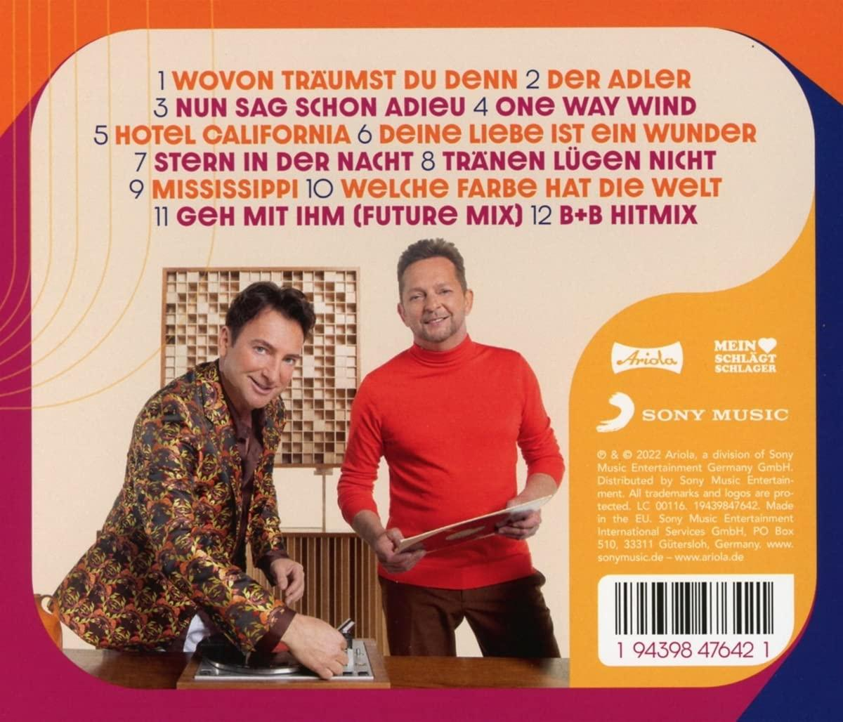 Albumcover mit zwei Männern, Titelliste und Logos. Ein Mann legt auf, der andere hält eine Schallplatte.