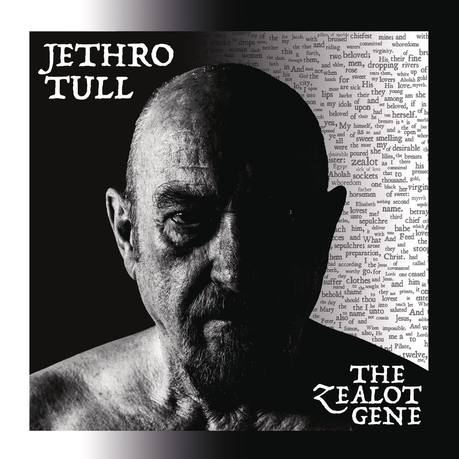 Jethro Tull Albumcover, Nahaufnahme eines Mannes mit Textüberlagerung.
