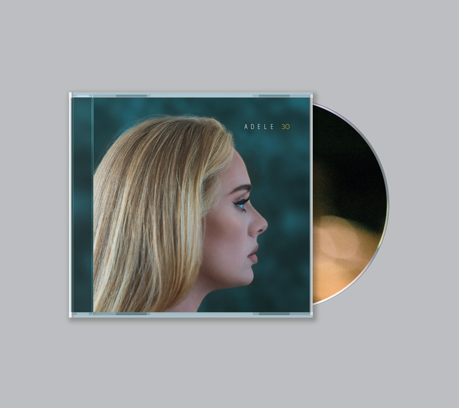 Albumhoes voor Adele's "30". Het toont Adele's profiel en de titel en artiest van het album.