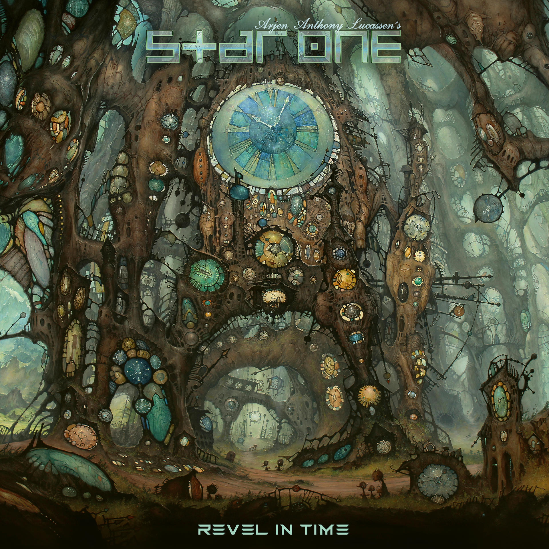 Albumcover, surrealer Wald mit Uhren, Text: Star One, Revel In Time, Science-Fiction-Thema.