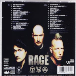 Albumcover mit drei Männern und dem Wort RAGE. Text listet CD-Titel auf.