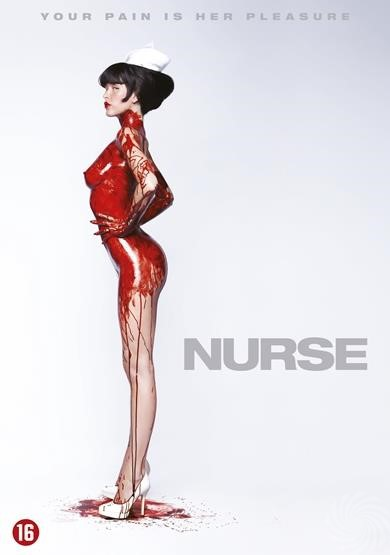 Poster voor de film 'Nurse'. Een vrouw, bedekt met rode vloeistof, draagt een zusterhoed en hakken, op een witte achtergrond.