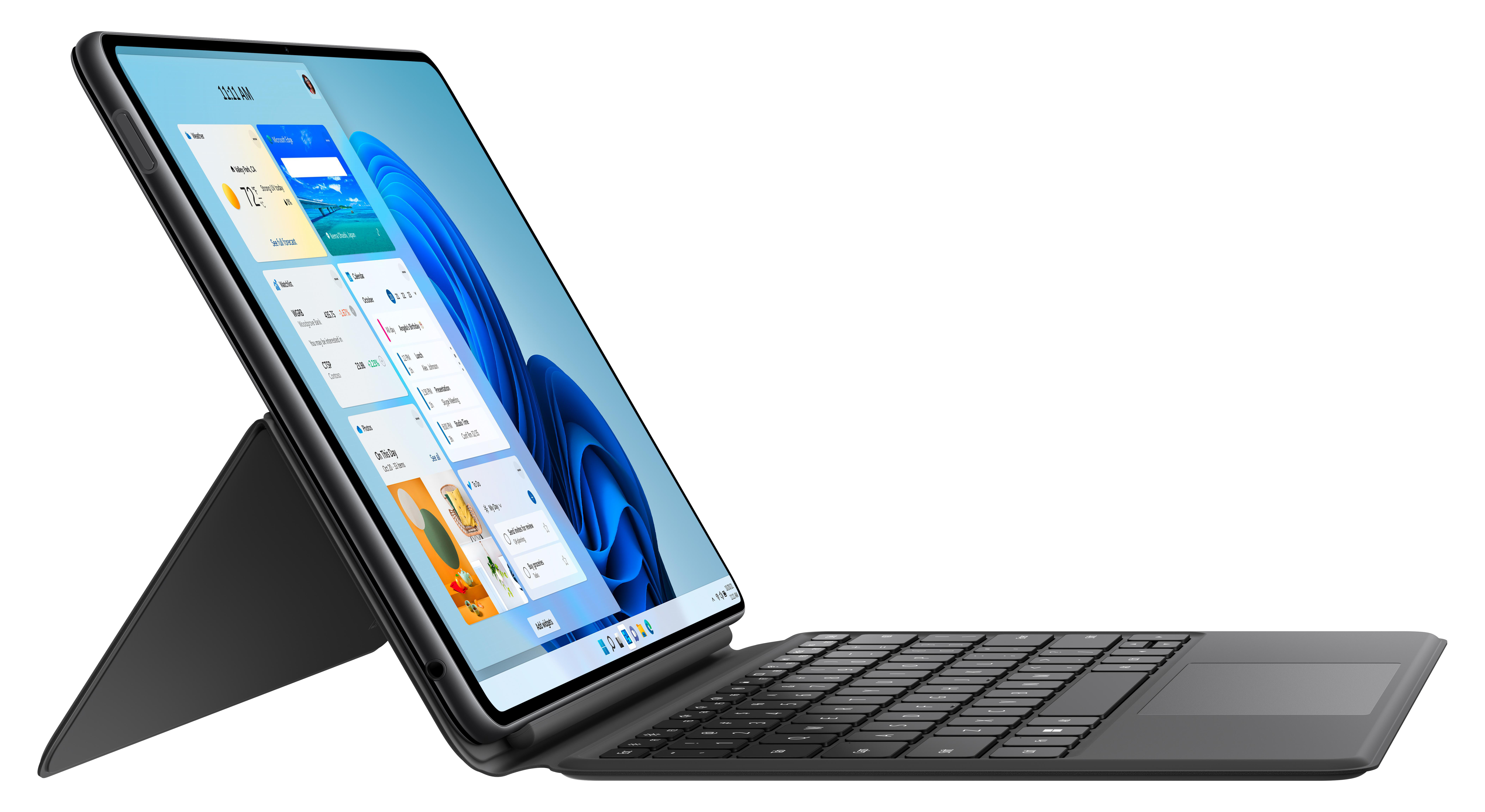 Ein Tablet mit angeschlossener Tastatur, das eine Windows 11-Oberfläche anzeigt, vor weißem Hintergrund.