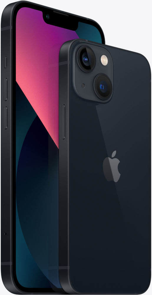 Zwarte iPhone 13 en een andere met roze scherm. Apple logo op de achterkant.