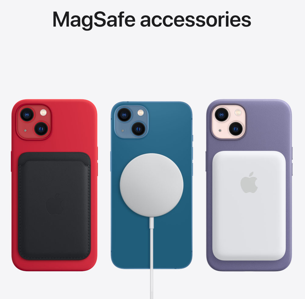 Drie iPhone-hoesjes met MagSafe-accessoires. Rode, blauwe en paarse hoesjes worden getoond.