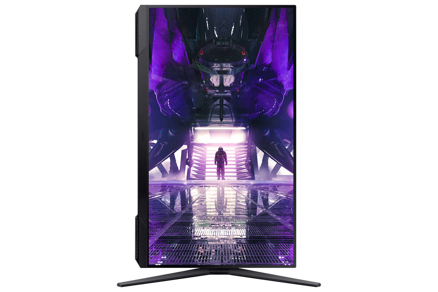 Fütüristik mor ışıklı bir iç mekana sahip siyah bir Samsung monitör.
