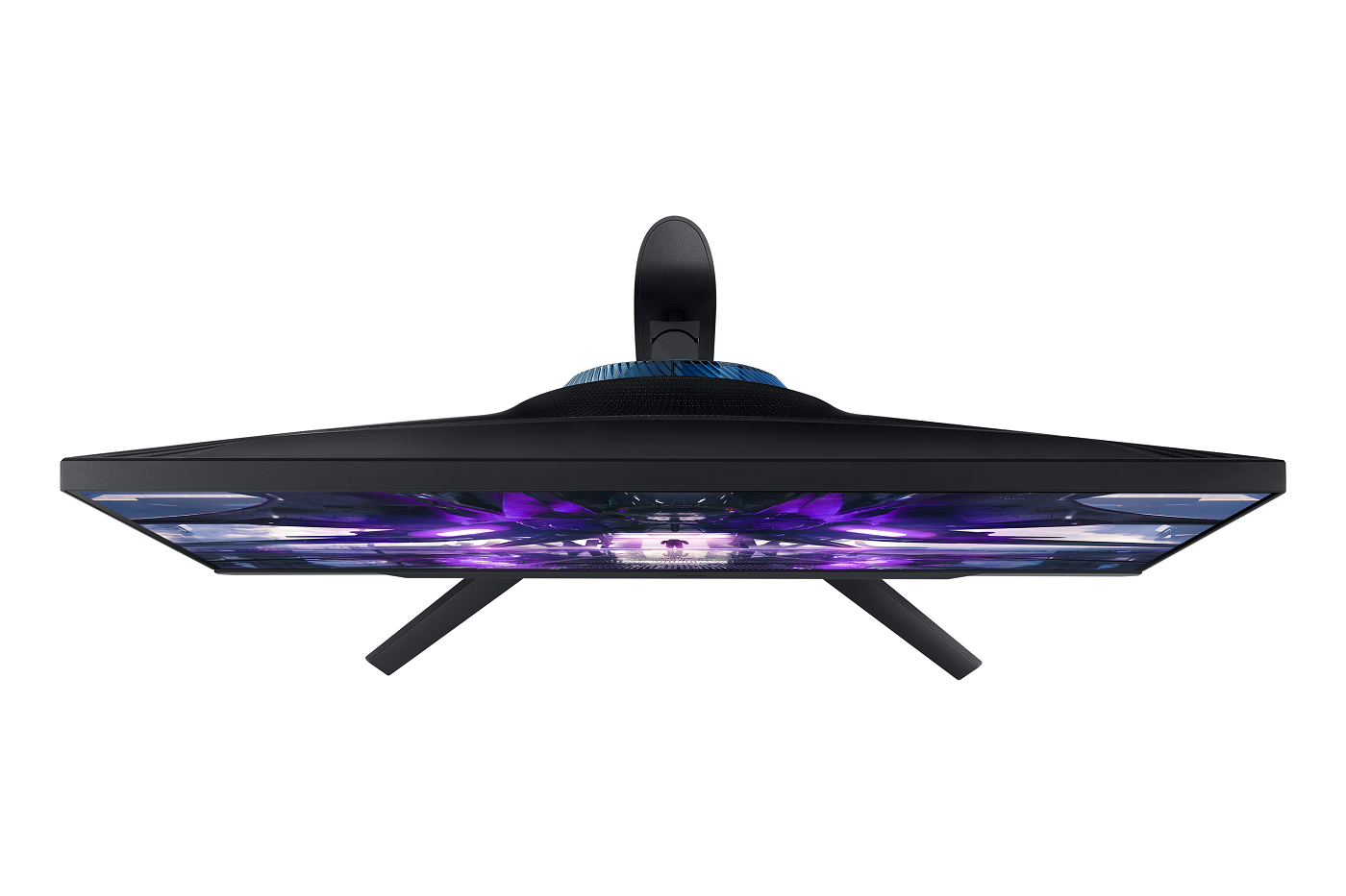 Siyah ve mavi bir bilgisayar monitörünün yukarıdan görünümü.