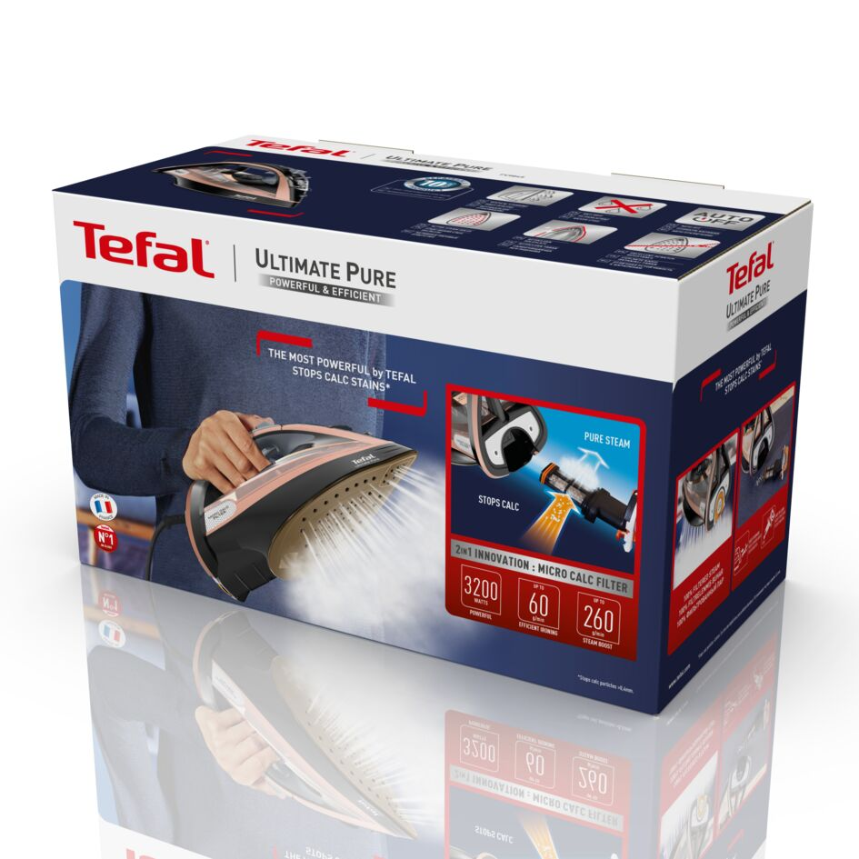 Tefal Ultimate Pure ütü kutusu. Ütü ve buharı gösterir. Kutuda metin ve resimler var.