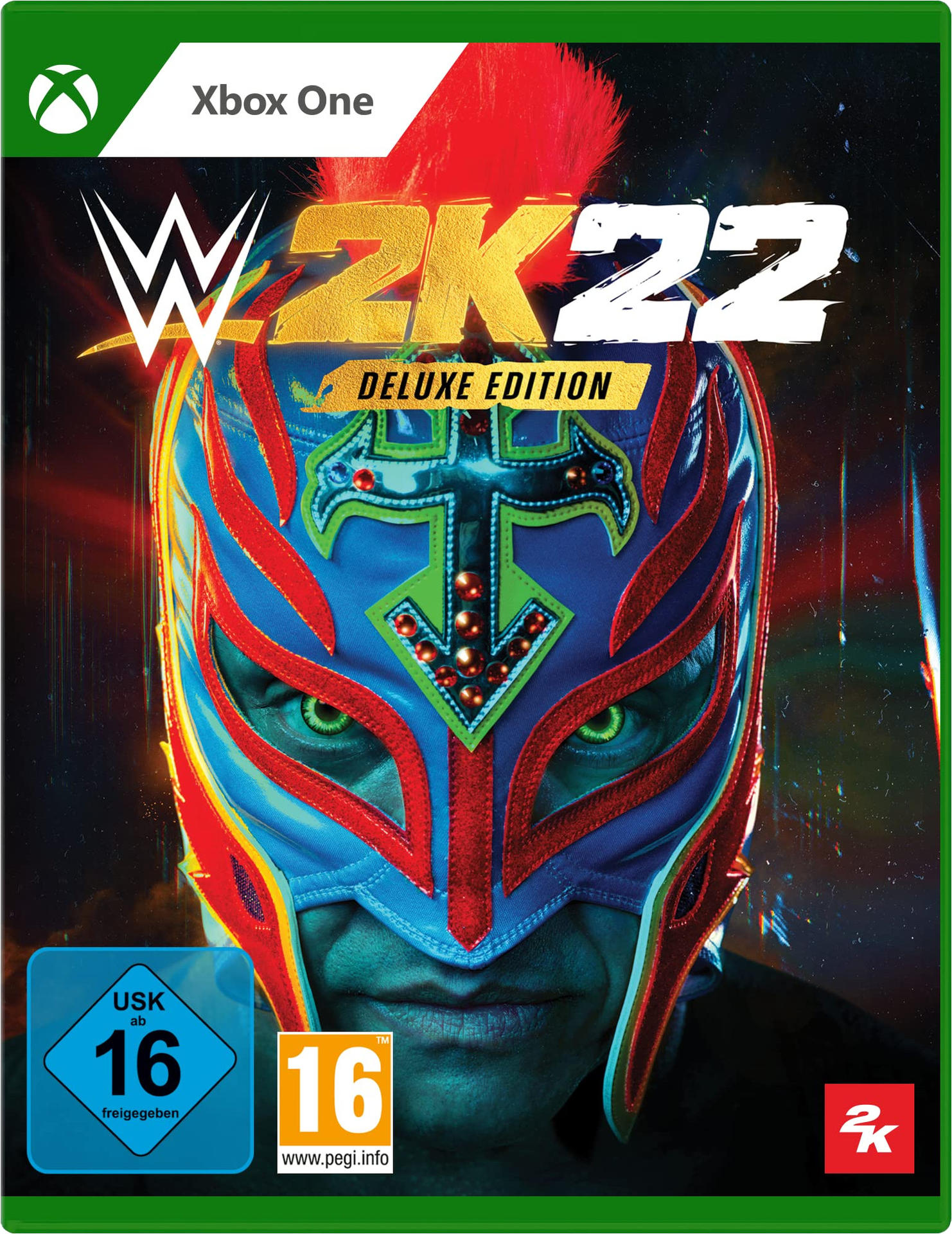 Xbox-Spielcover: Wrestler-Maske, Titel: WWE 2K22.