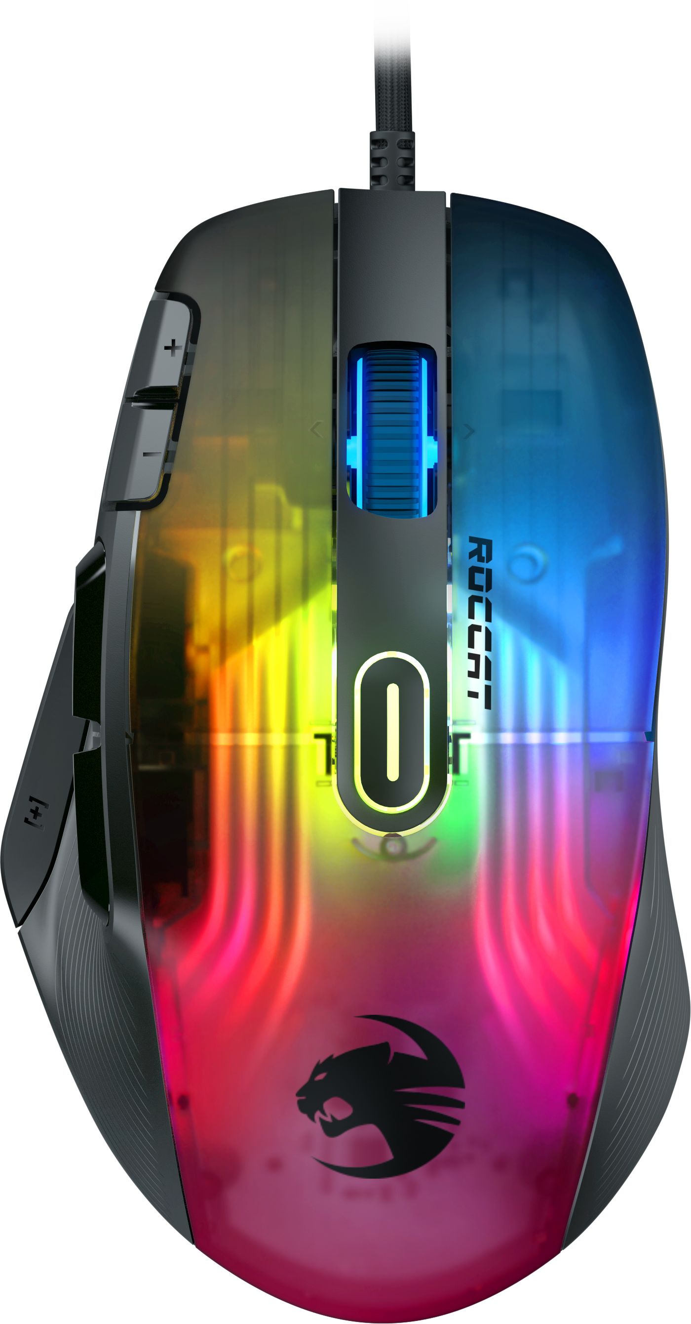 Gaming-Maus mit transparentem Oberteil, Regenbogenbeleuchtung und schwarzen Akzenten.