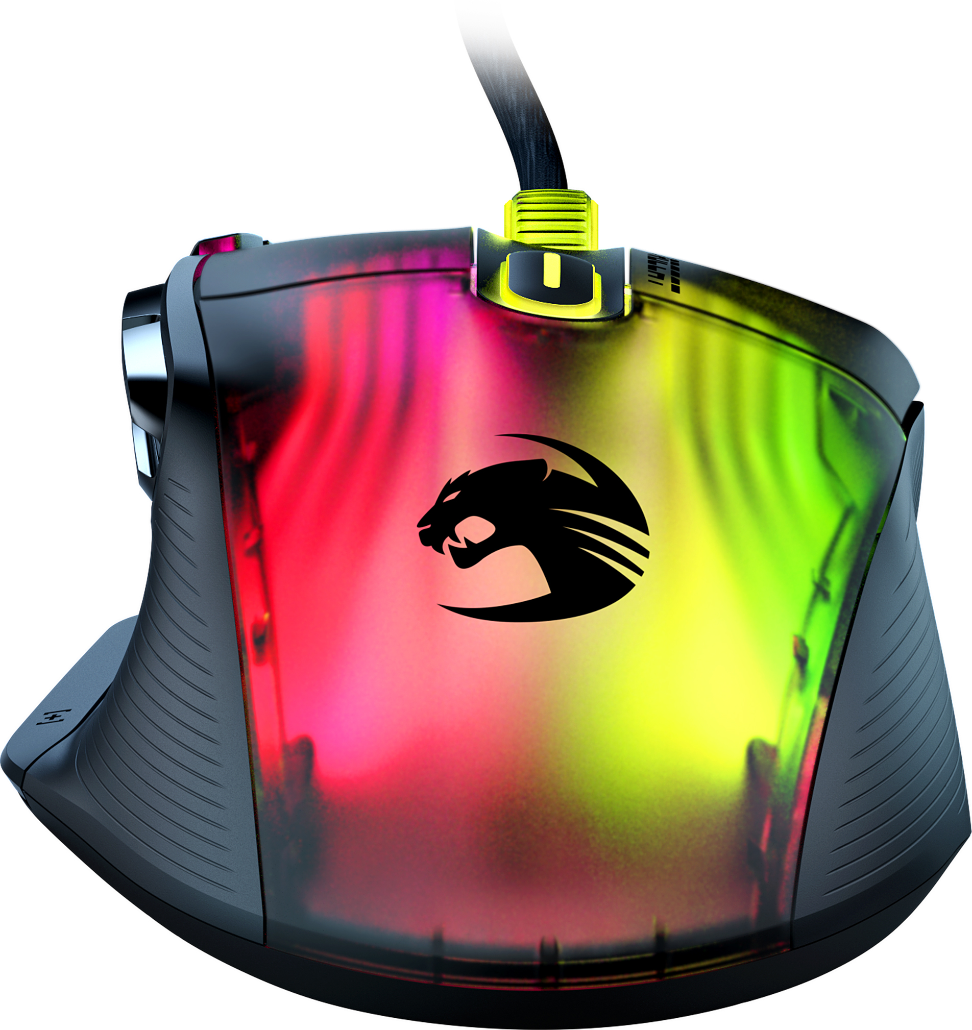 Gaming-Maus, schwarz mit farbenfroher RGB-Beleuchtung und Roccat-Logo.