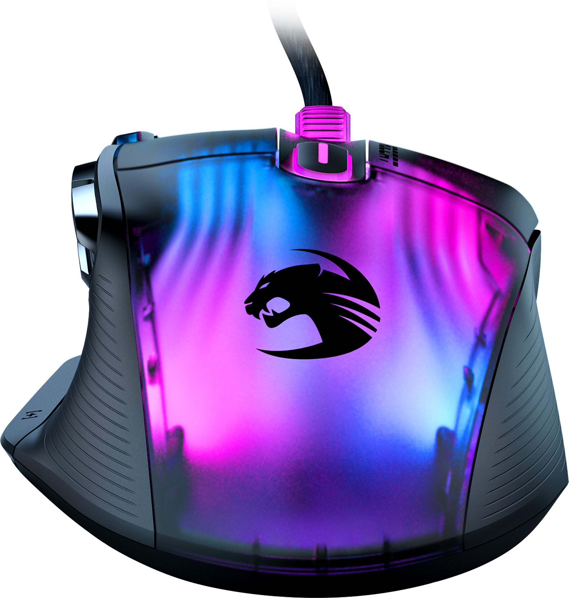 Schwarze Gaming-Maus mit RGB-Beleuchtung. Die Maus hat ein Logo und ein rosa Kabel.