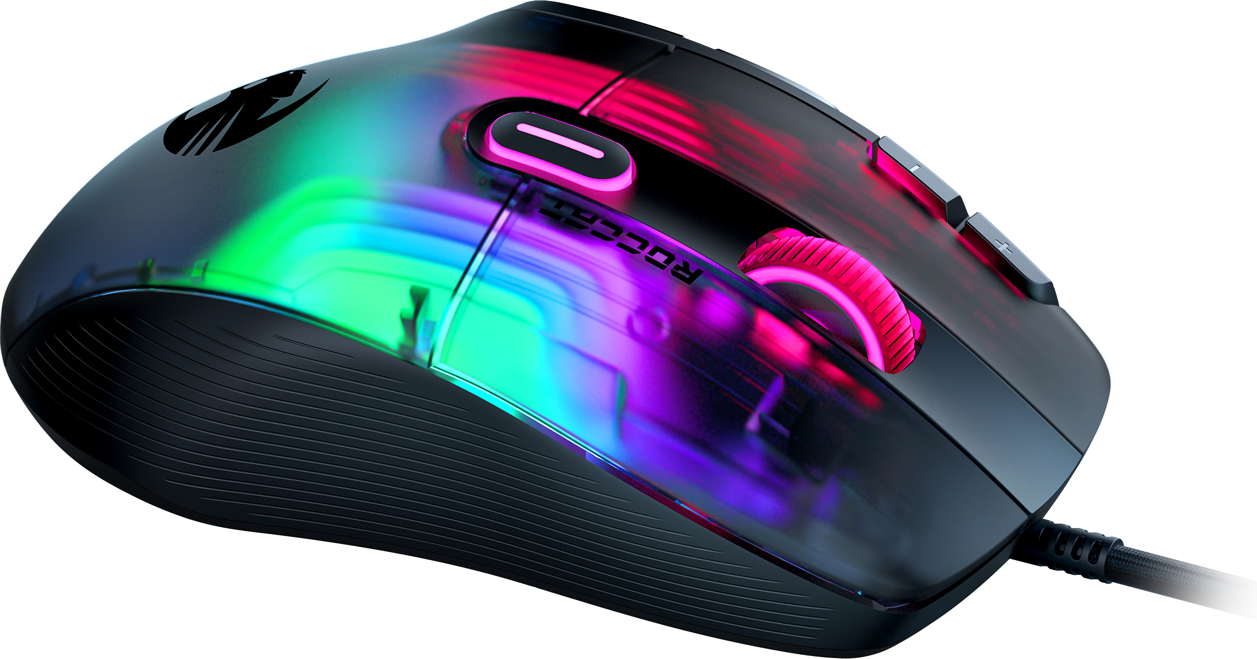 Nahaufnahme einer Gaming-Maus. Die Maus hat einen schwarzen Körper mit bunten Lichtern und Seitentasten.