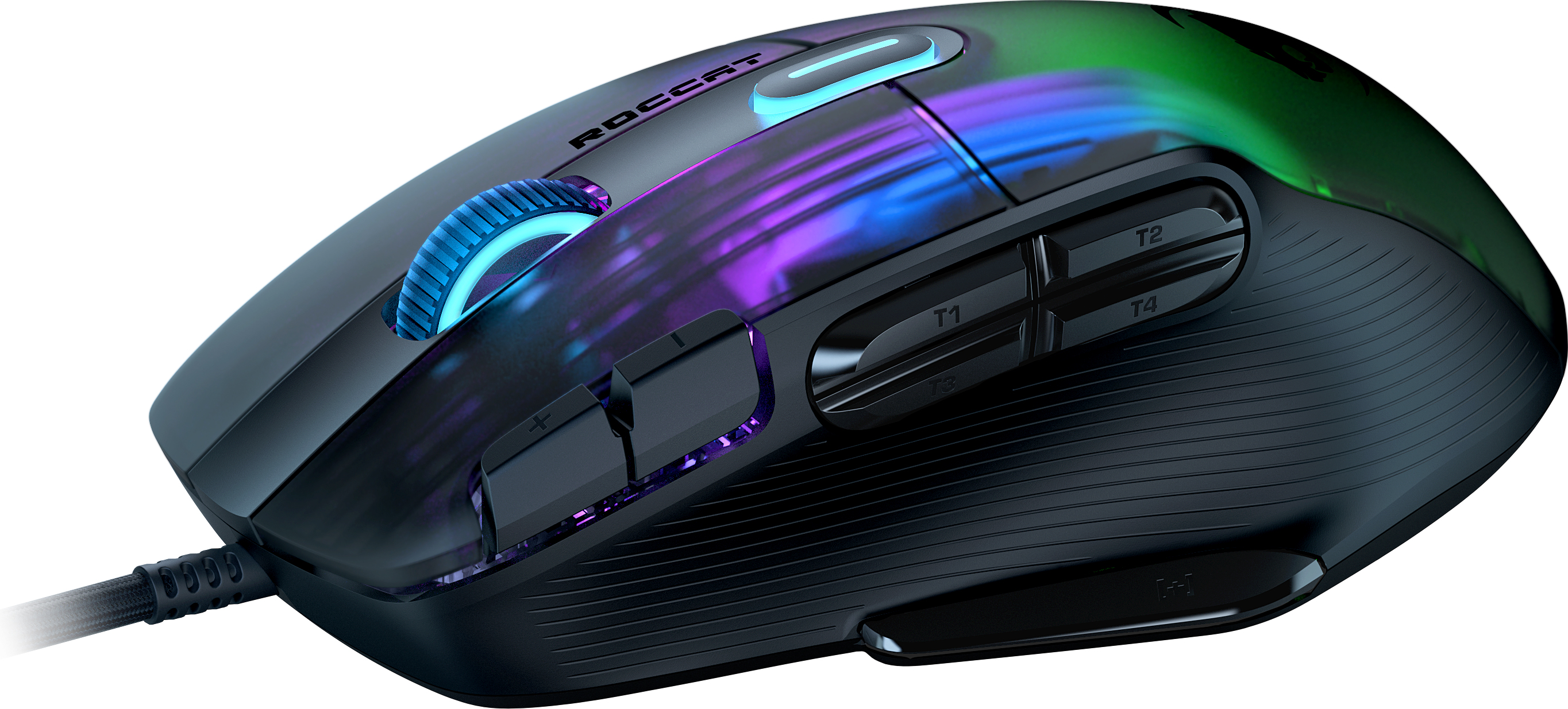 Eine schwarze Gaming-Maus mit beleuchteten Funktionen, Tasten und einem Scrollrad.