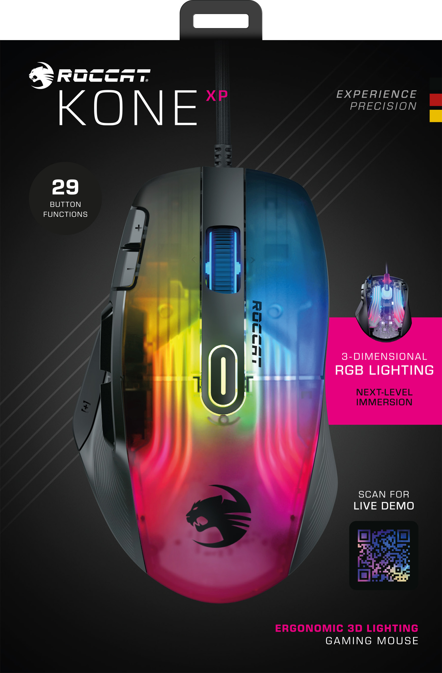 Eine Roccat Kone XP Gaming-Maus. Sie hat ein transparentes Design mit RGB-Beleuchtung. Die Box ist sichtbar.