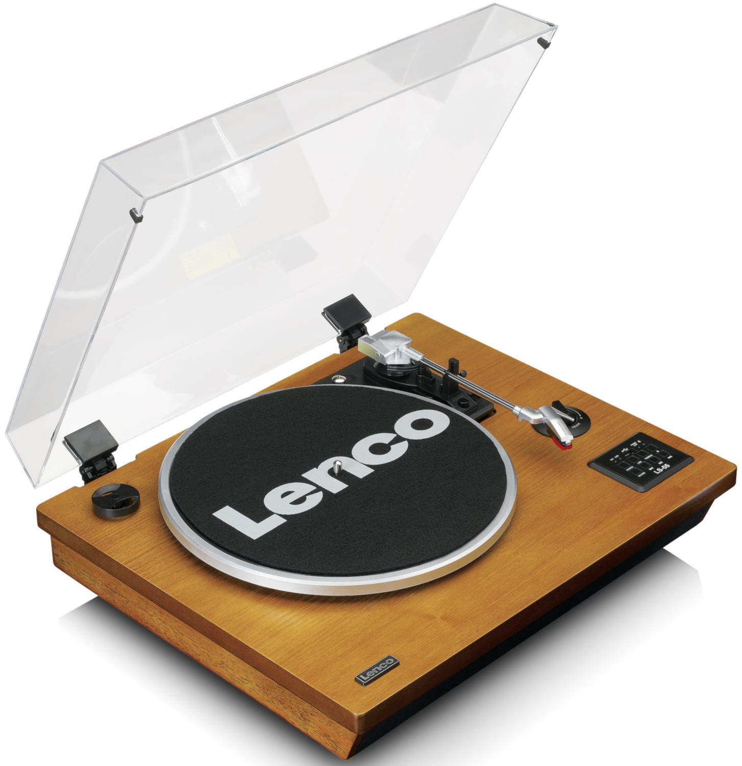 Une platine vinyle en bois avec un couvercle transparent et le logo Lenco.