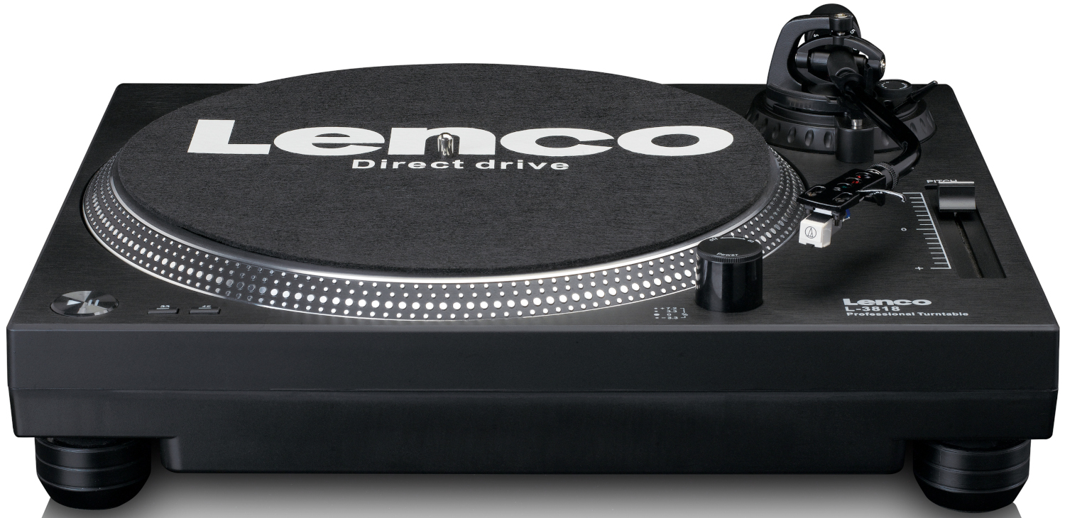 Platine vinyle Lenco noire avec un disque, des commandes et un bras de lecture.