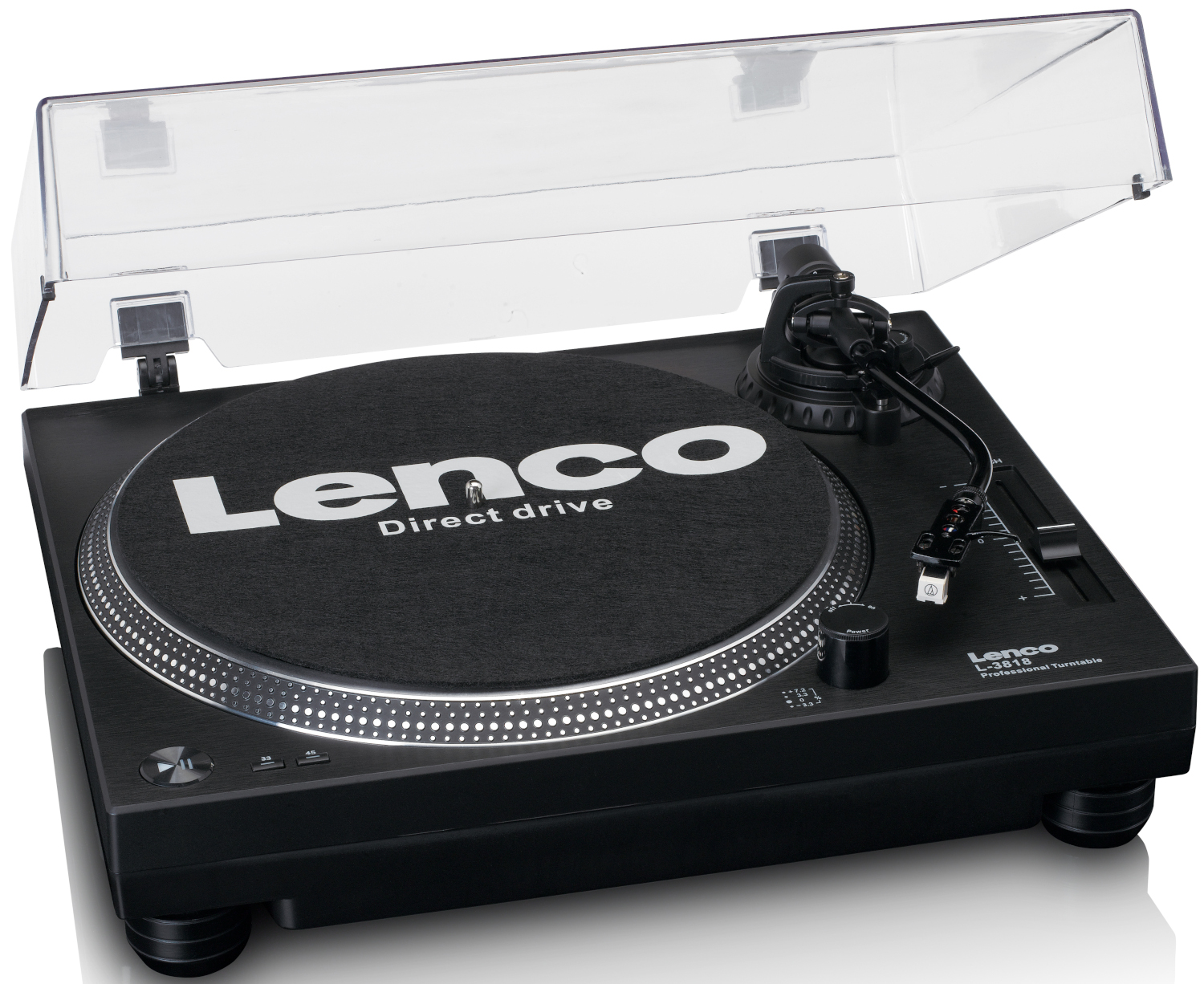 Platine vinyle noire avec couvercle transparent ouvert, logo Lenco et boutons de commande.
