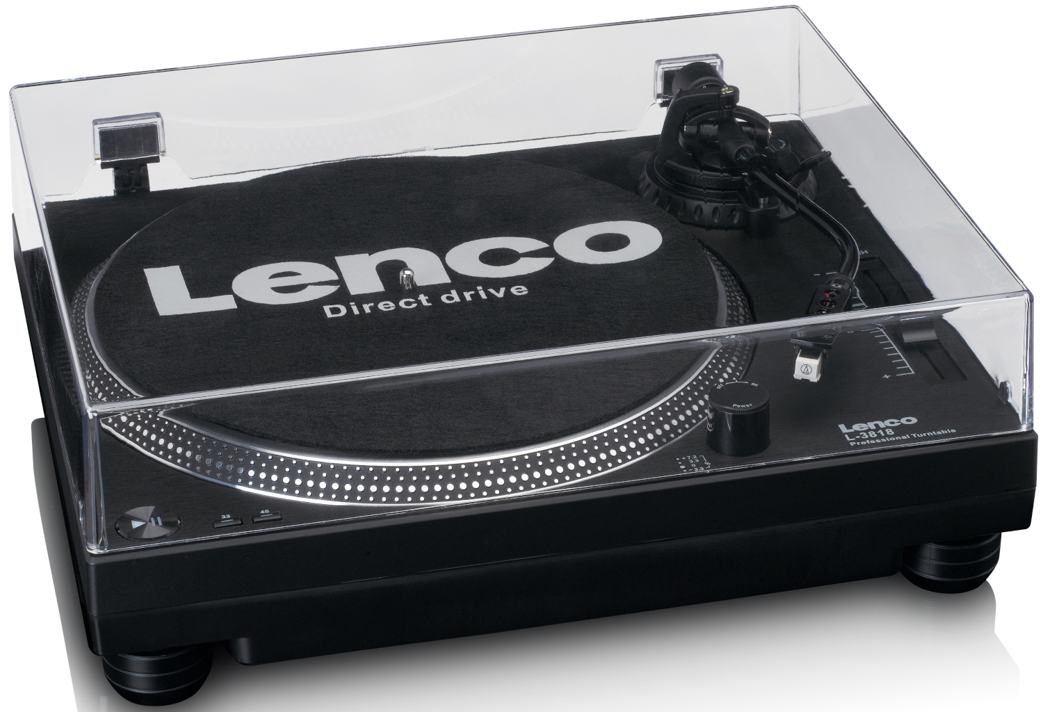 Platine vinyle Lenco noire avec couvercle transparent. 'Lenco' et 'Direct drive' visibles.