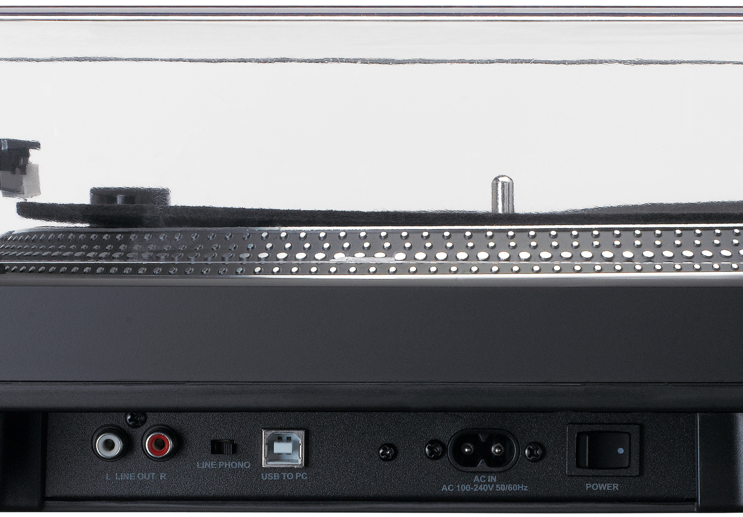 Gros plan de l'arrière d'une platine Lenco avec ports et interrupteur d'alimentation.