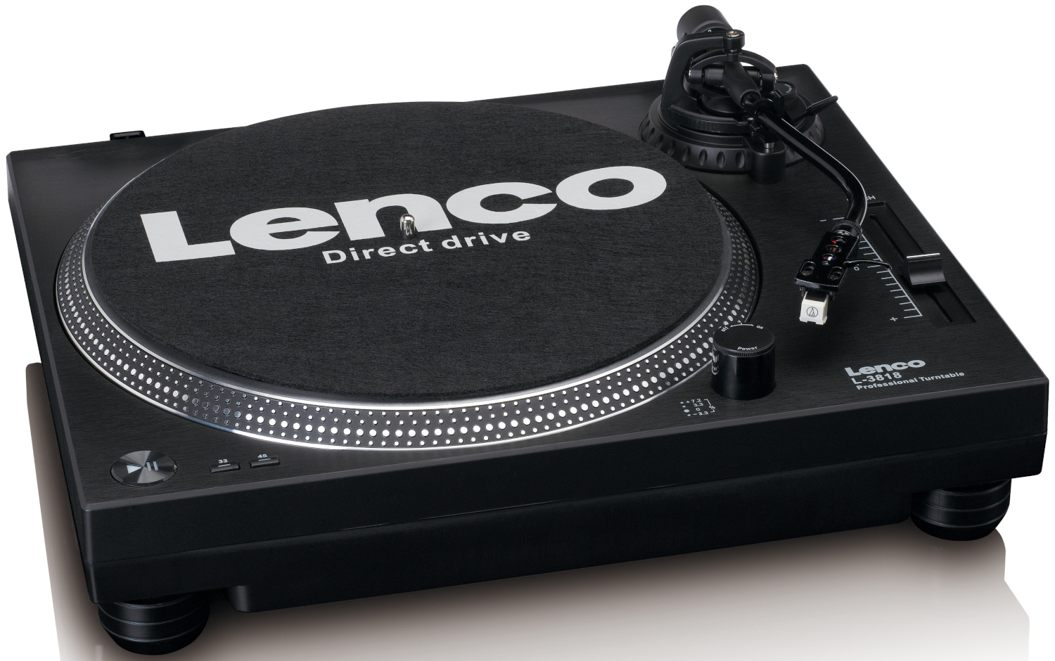 Platine vinyle Lenco noire avec un disque et un bras de lecture, vue de dessus.