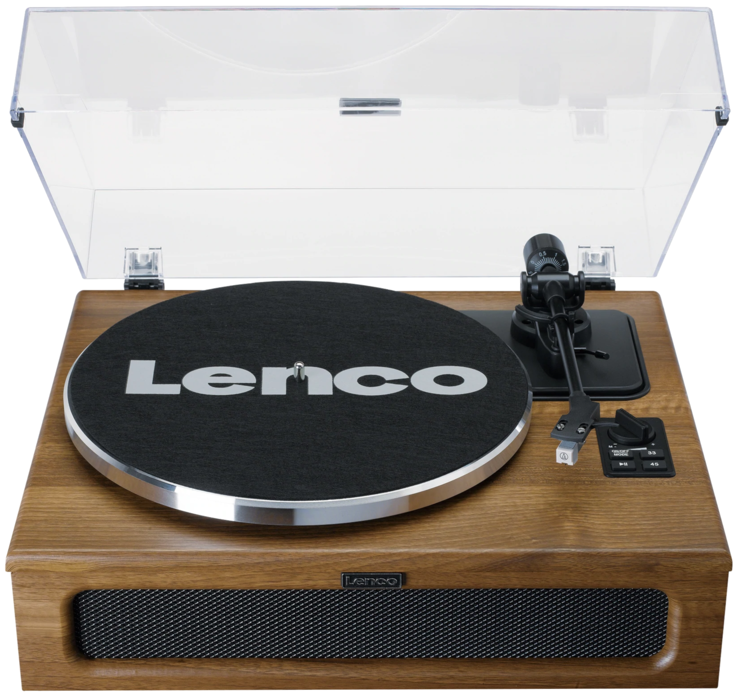 Houten platenspeler: Lenco-merk met een doorzichtige kap, zilveren plateau en bediening.