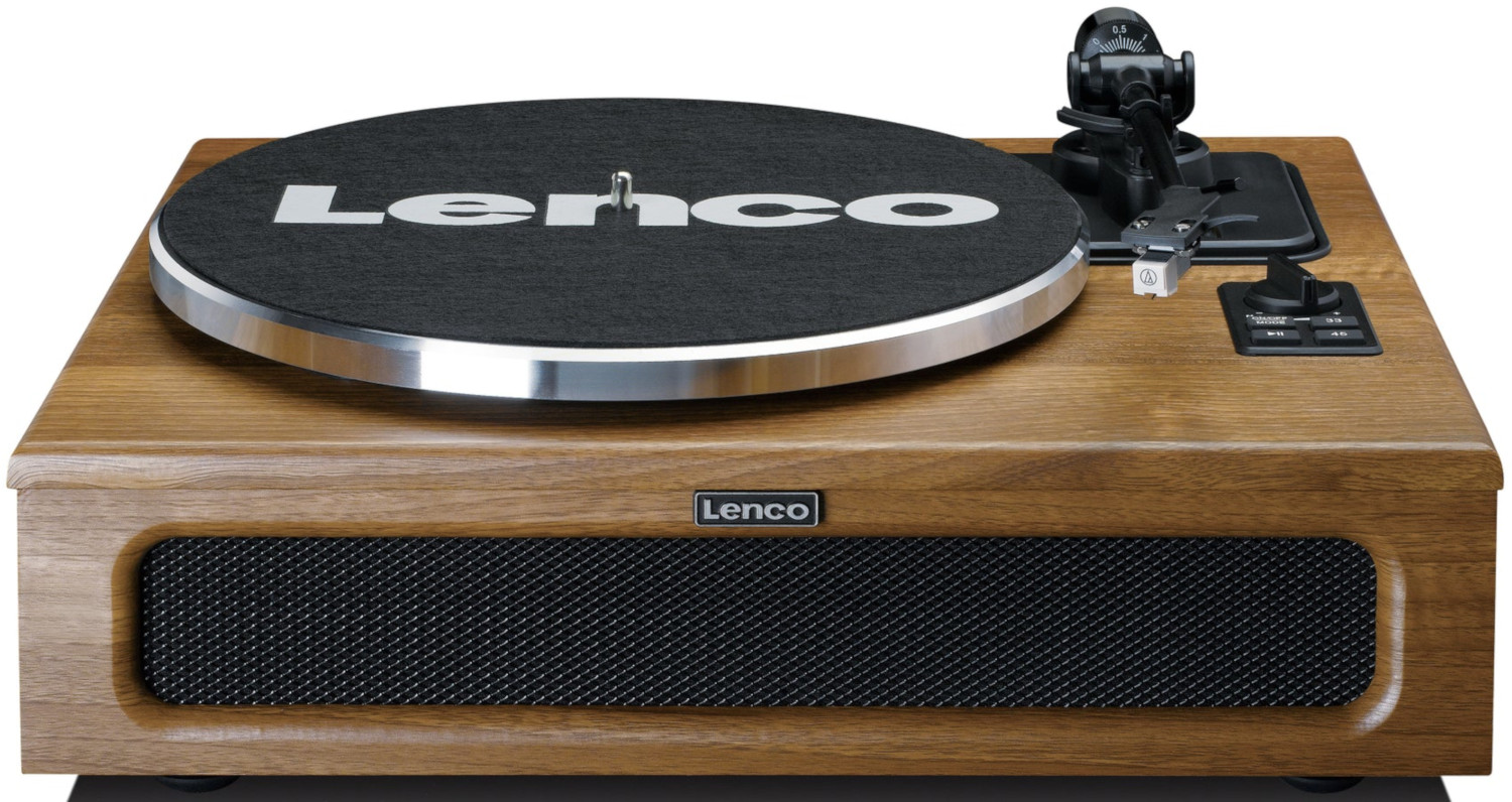 Houten platenspeler met een zwarte plaat. Het Lenco-logo is zichtbaar.