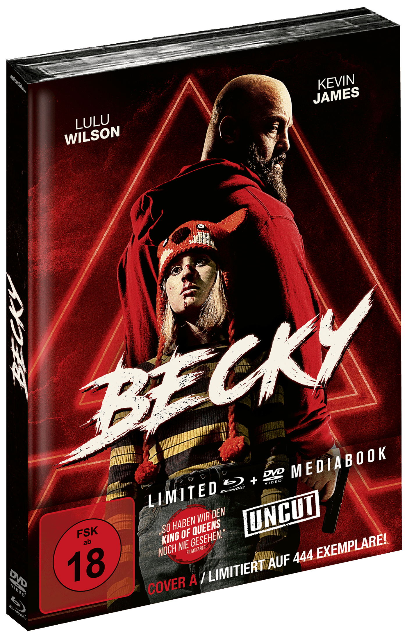 Filmcove für 'Becky'. Zeigt einen Mann und ein Mädchen mit einer Waffe. Rote und schwarze Farben.