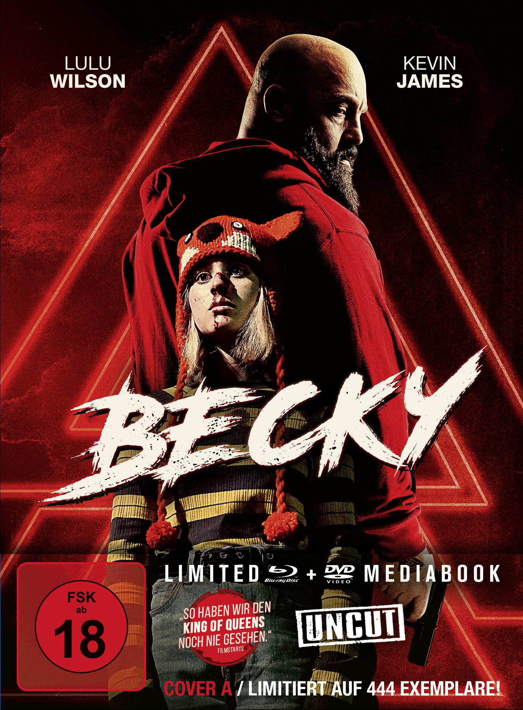 Filmcover: Frau mit Hut und Mann. Titel: BECKY. Text: LULU WILSON, KEVIN JAMES, FSK ab 18.