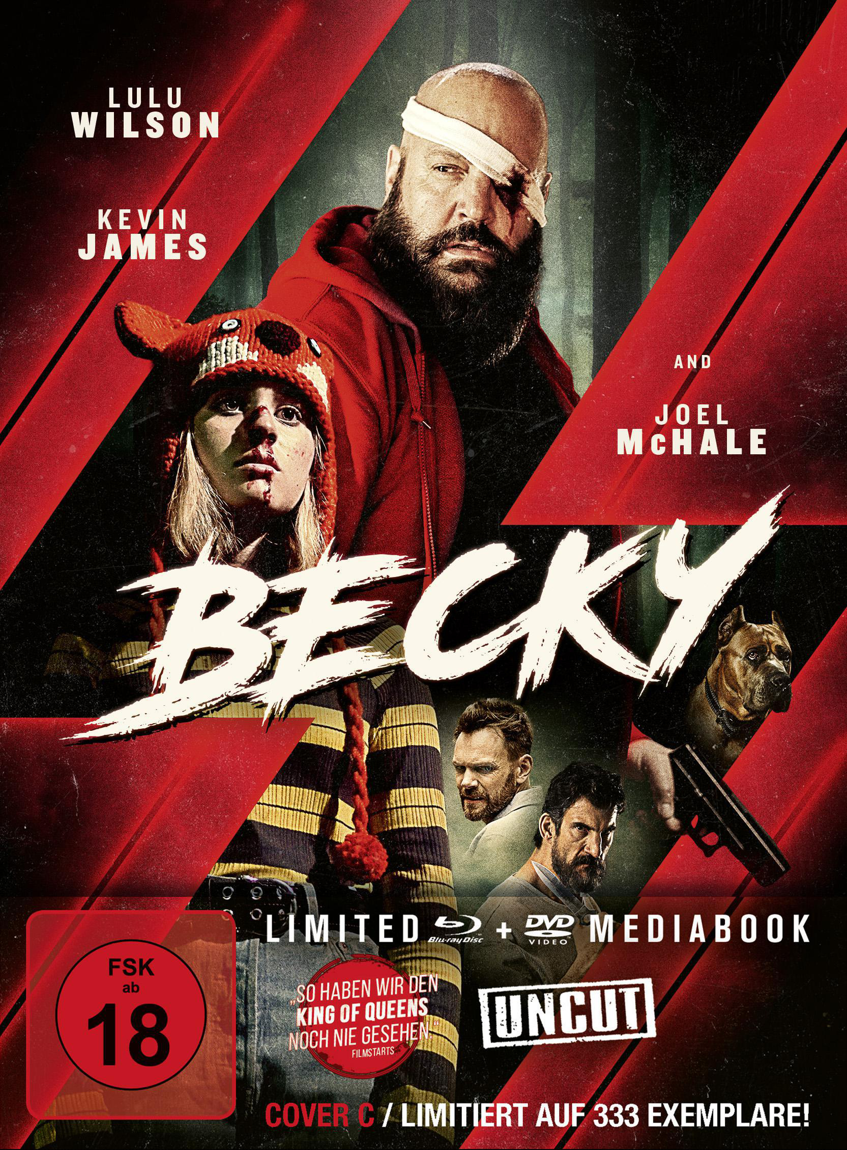 Filmposter für 'Becky' mit Lulu Wilson, Kevin James und Joel McHale. Roter Hintergrund.