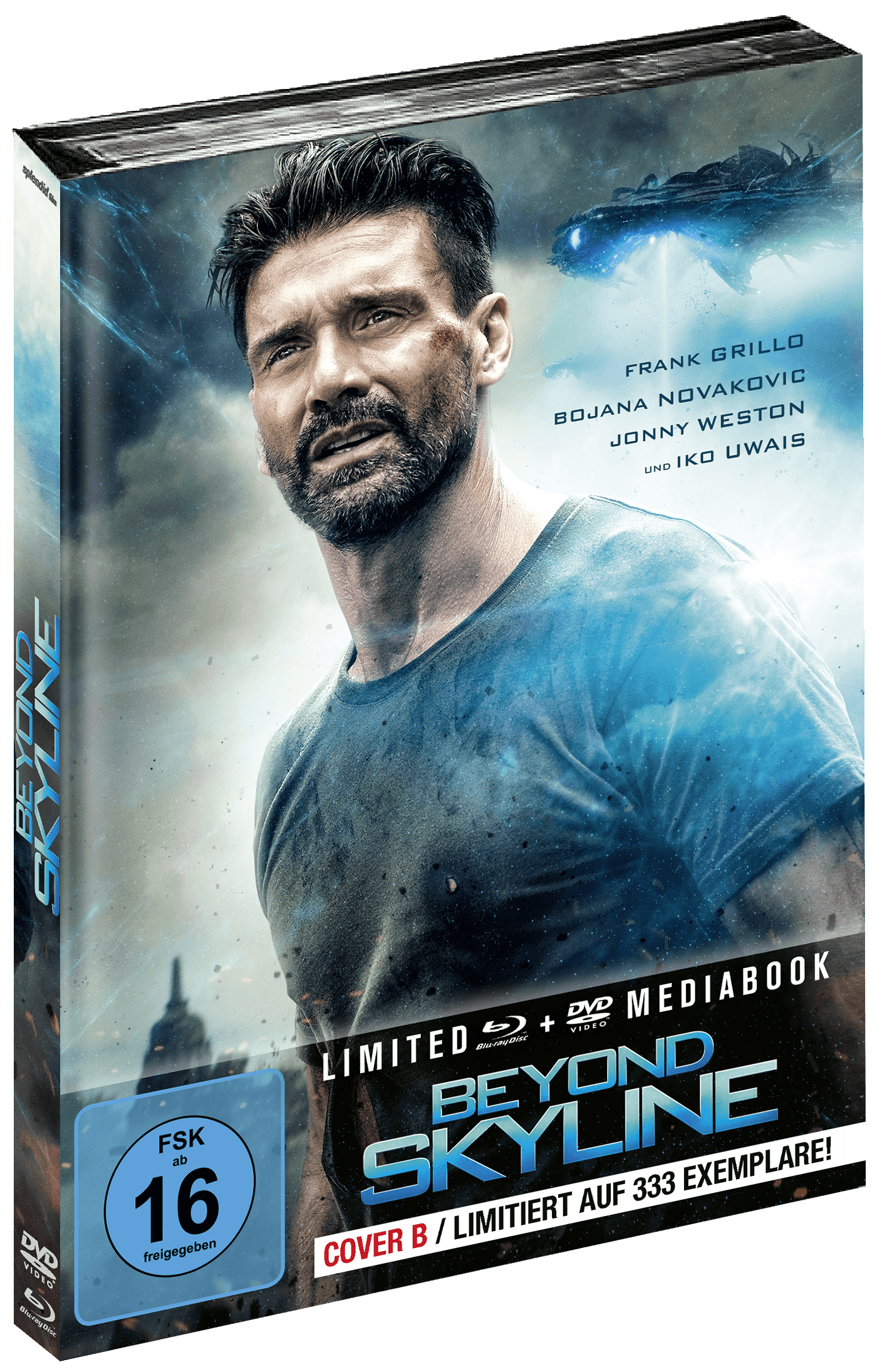 Filmcover mit einem Mann und einem Raumschiff. Text lautet 'BEYOND SKYLINE'.