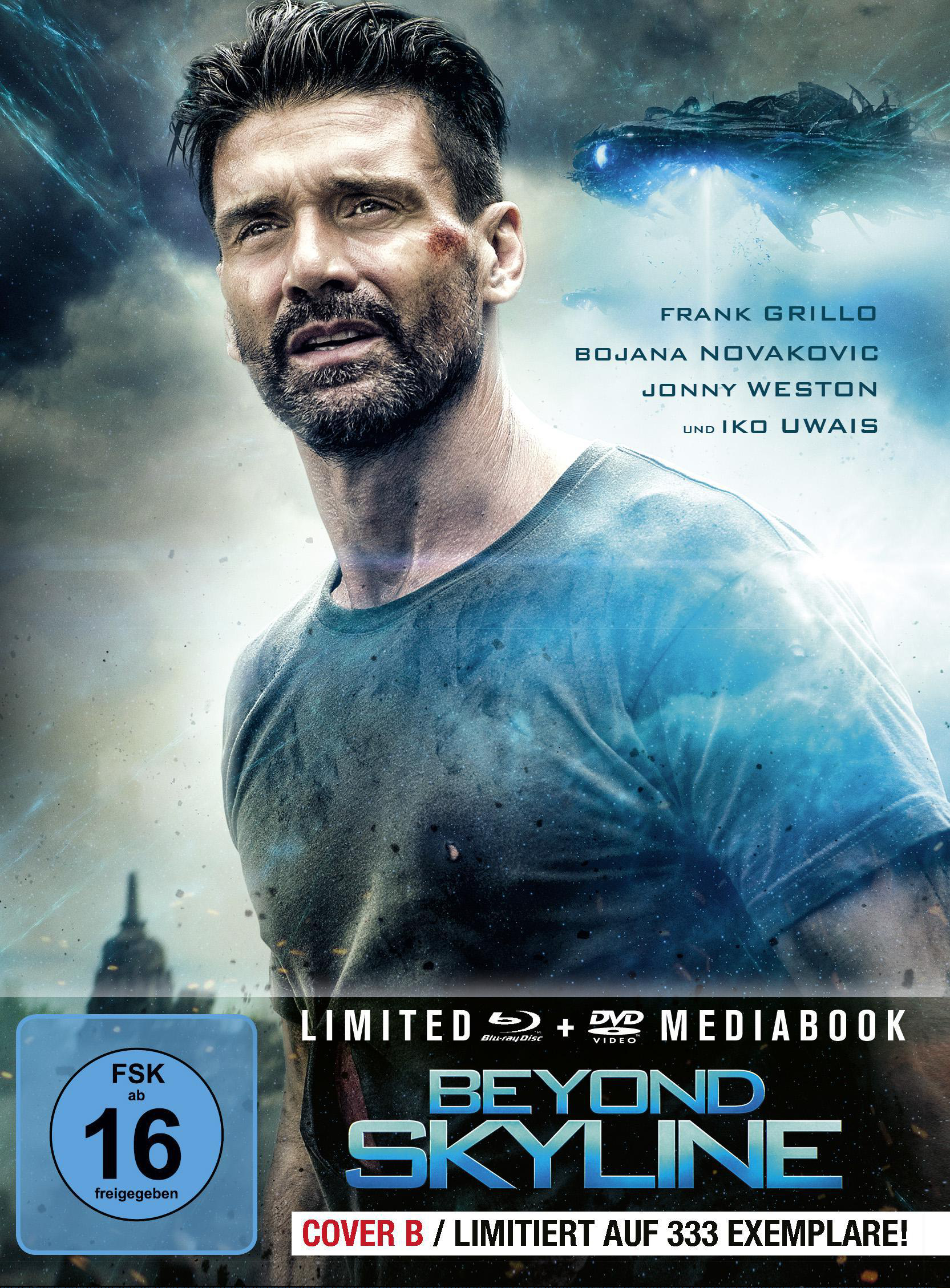 Filmposter mit dem Gesicht eines Mannes, dem Titel "Beyond Skyline" und Credits.