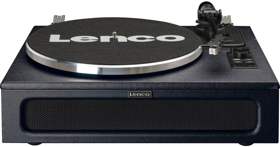 Een zwarte Lenco platenspeler met het Lenco-logo op de draaitafel. De luidsprekers zijn zichtbaar.