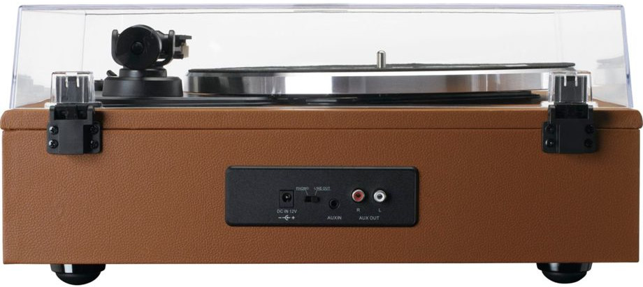 Achteraanzicht van een bruine vintage platenspeler met een doorzichtige plastic hoes.