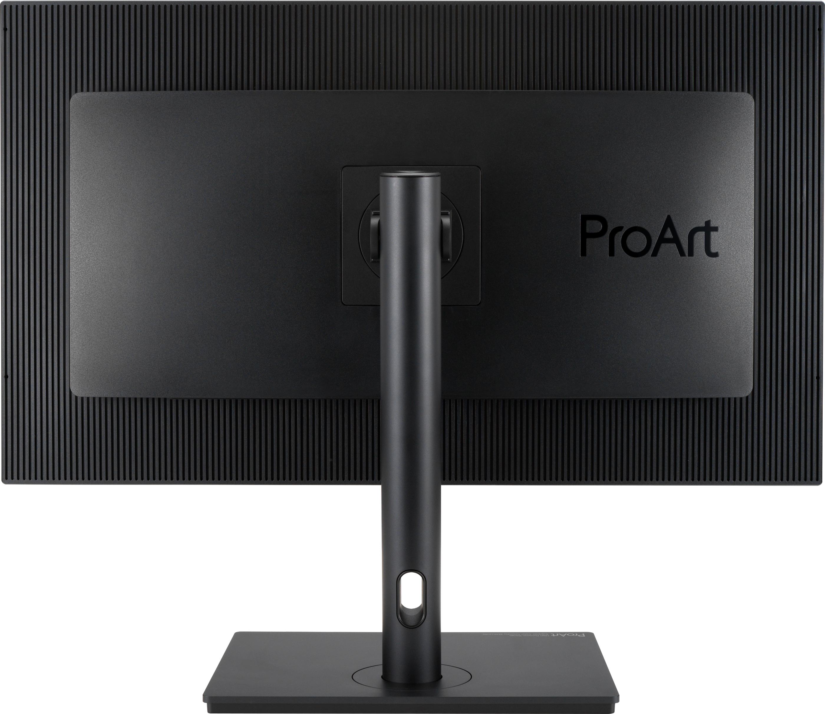 Rückansicht eines schwarzen Computermonitors mit schwarzem Ständer. Das Wort ProArt steht auf dem Monitor.