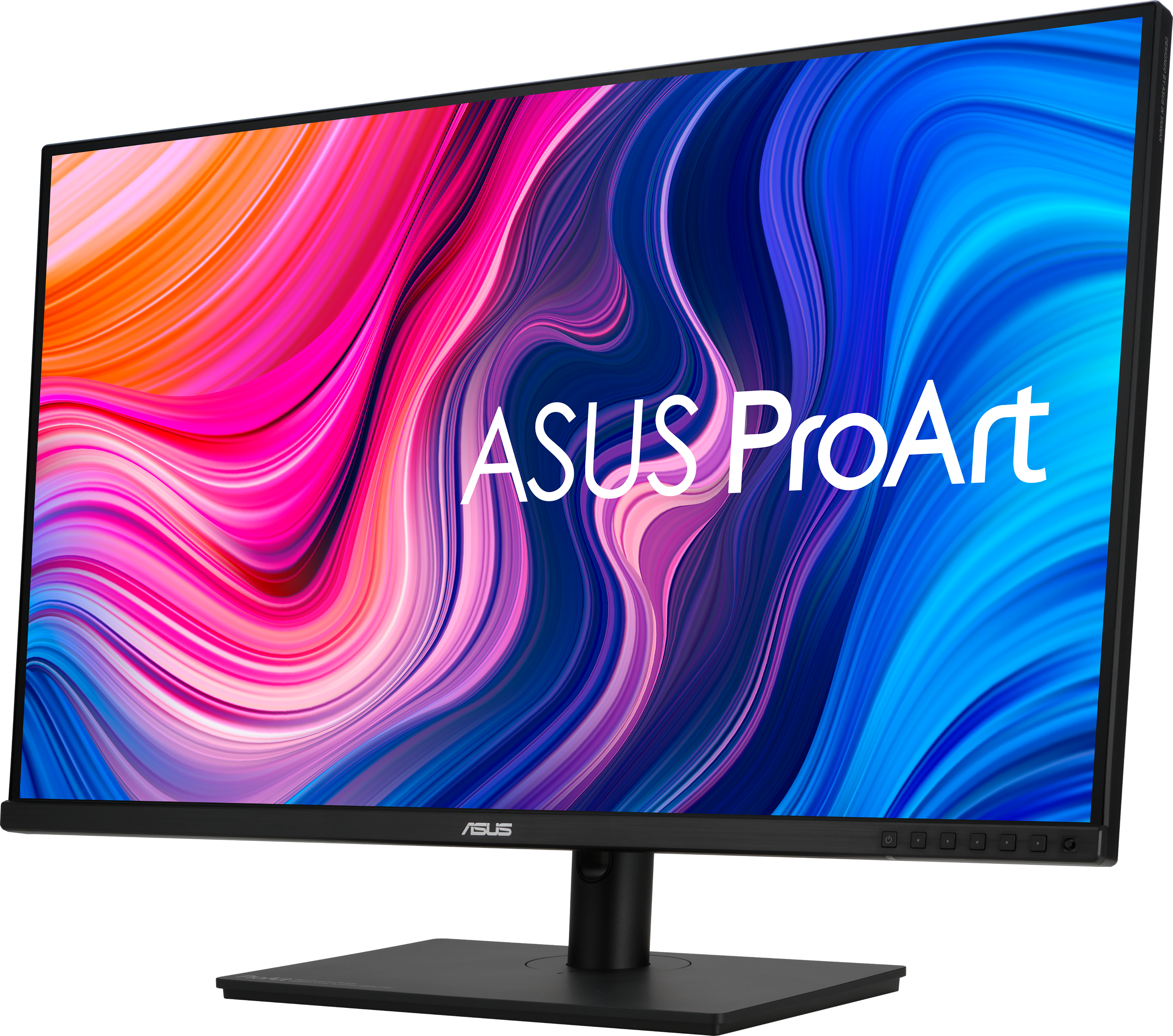 ASUS ProArt Monitor mit farbenfroher Anzeige. Schwarzer Ständer und Rahmen. Schwarzer Hintergrund.