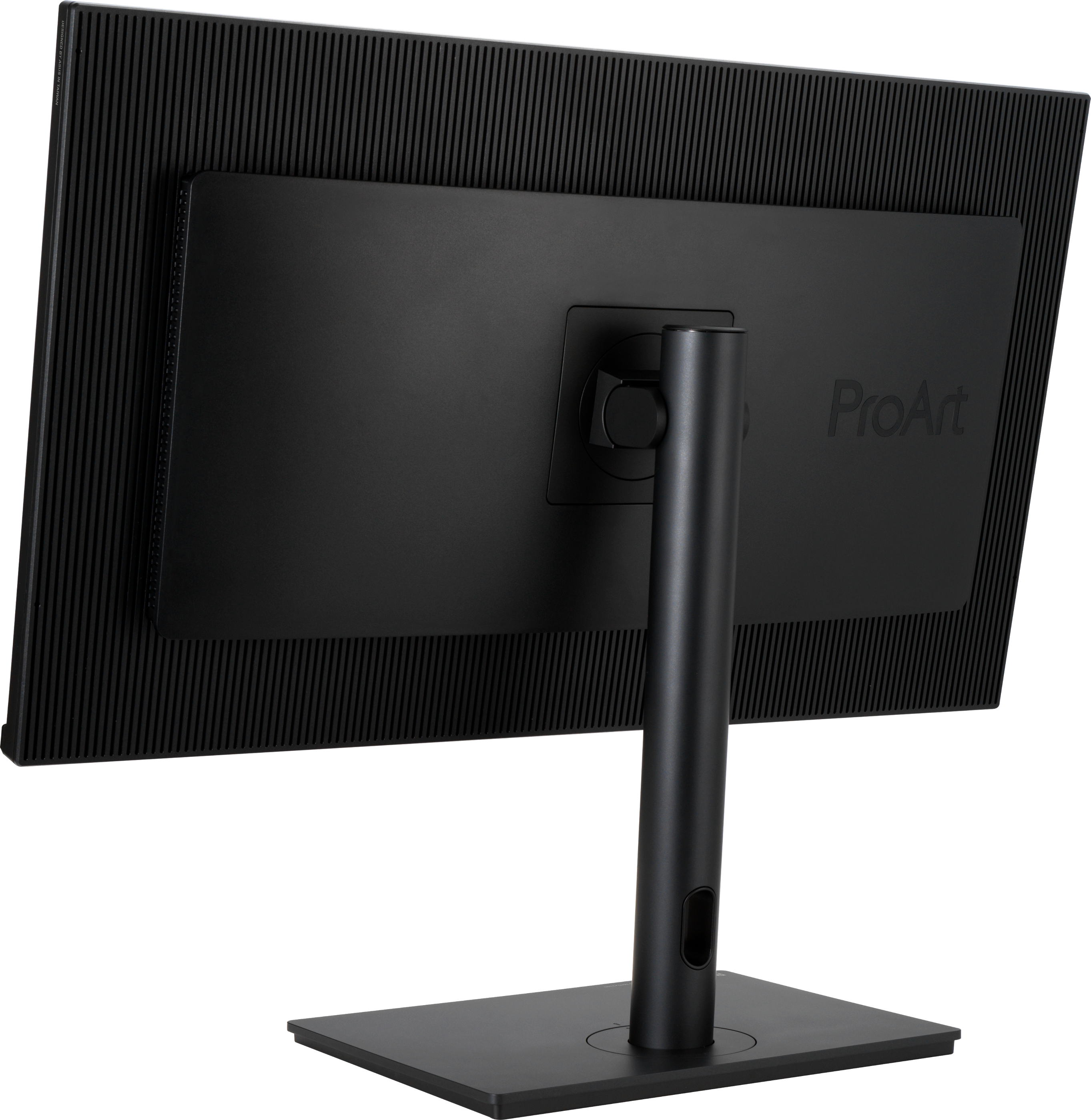 Rückseite eines ProArt-Monitors. Schwarzer Monitor mit gerippter Textur auf der Rückseite, Ständer und Basis.
